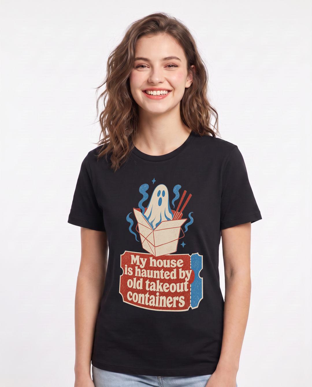 Halloween Women's Black T-Shirt - My house is haunted by old takeout product image 1