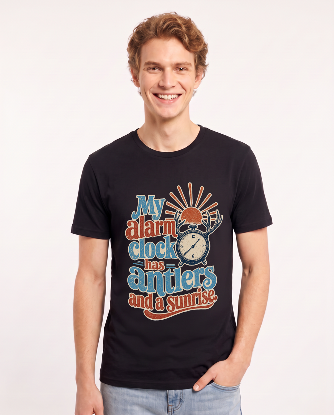 Hunting Men's Black T-Shirt – My alarm clock has antlers and a sunrise product image 1
