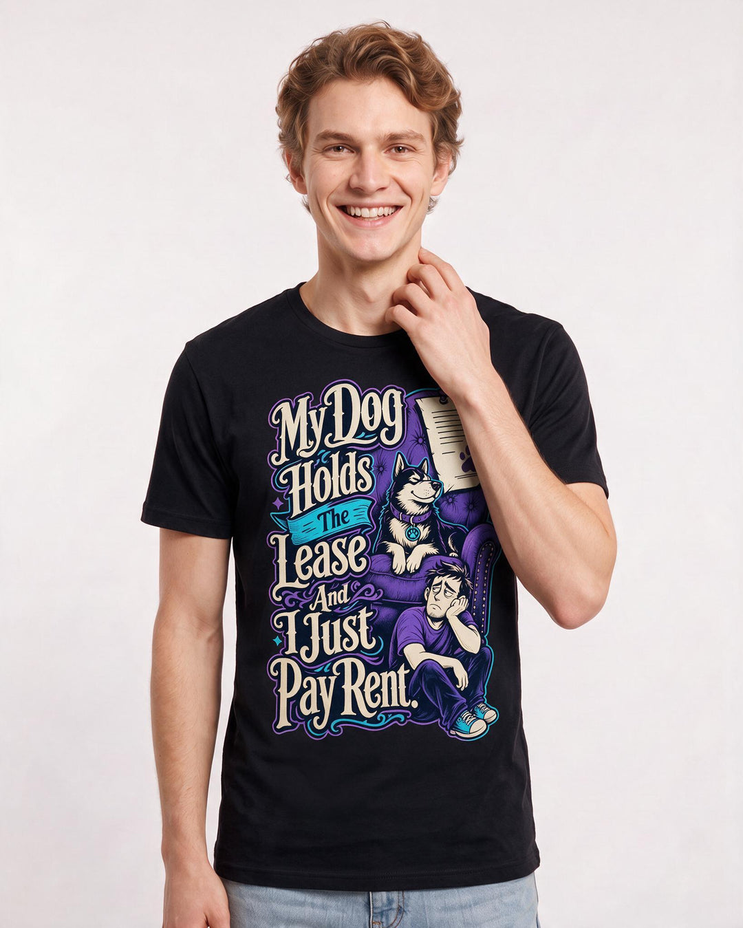 Funny Cat Lover Men's Black T-Shirt – My Dog Holds The Lease And I Just Pay Rent. product image 3