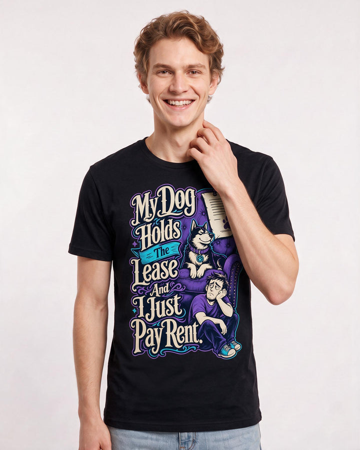 Funny Cat Lover Men's Black T-Shirt – My Dog Holds The Lease And I Just Pay Rent. product image 3