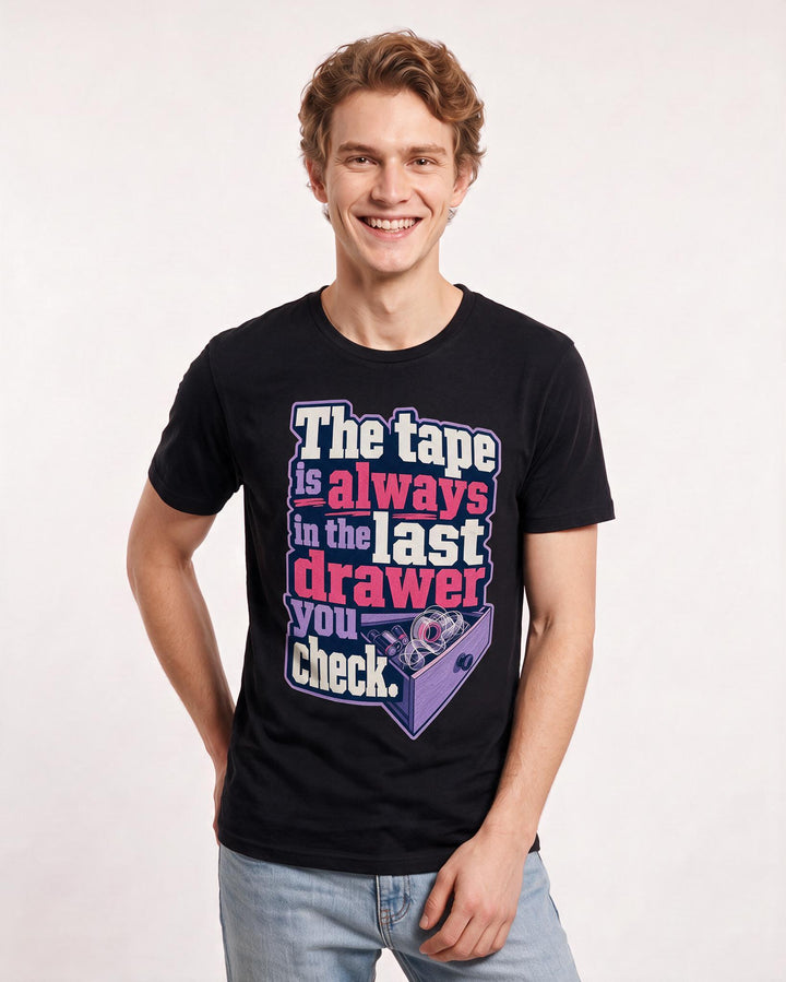 Funny Christmas Men's Black T-Shirt – The tape is always in the last drawer you check. product image 3