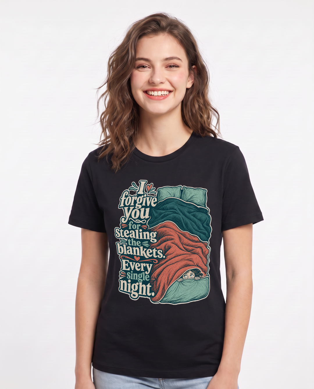 Couples Women's Black T-Shirt – I forgive you for stealing the blankets. Every single night. product image 1