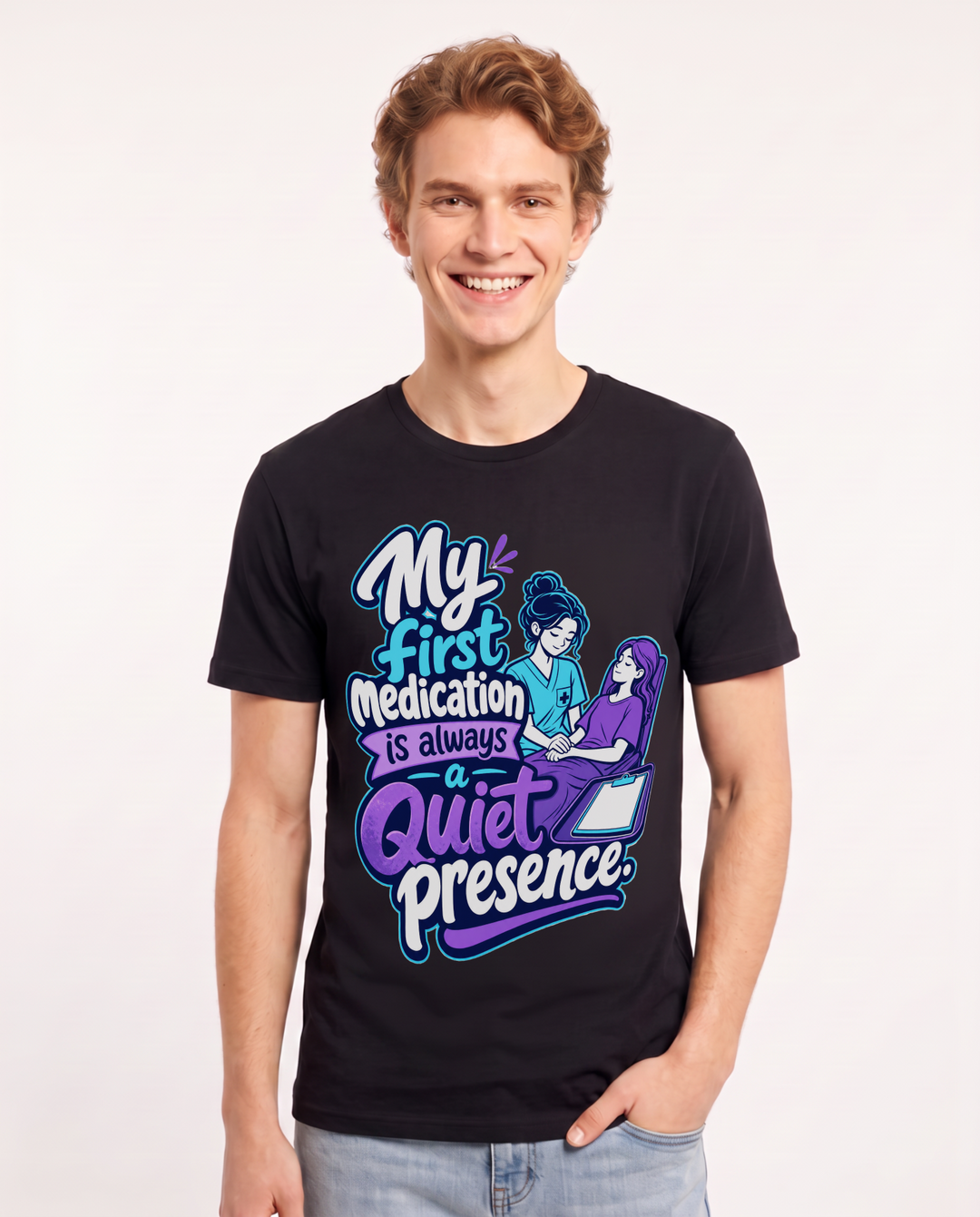 Nurse Men's Black T-Shirt – My first medication is always a quiet presence. product image 1