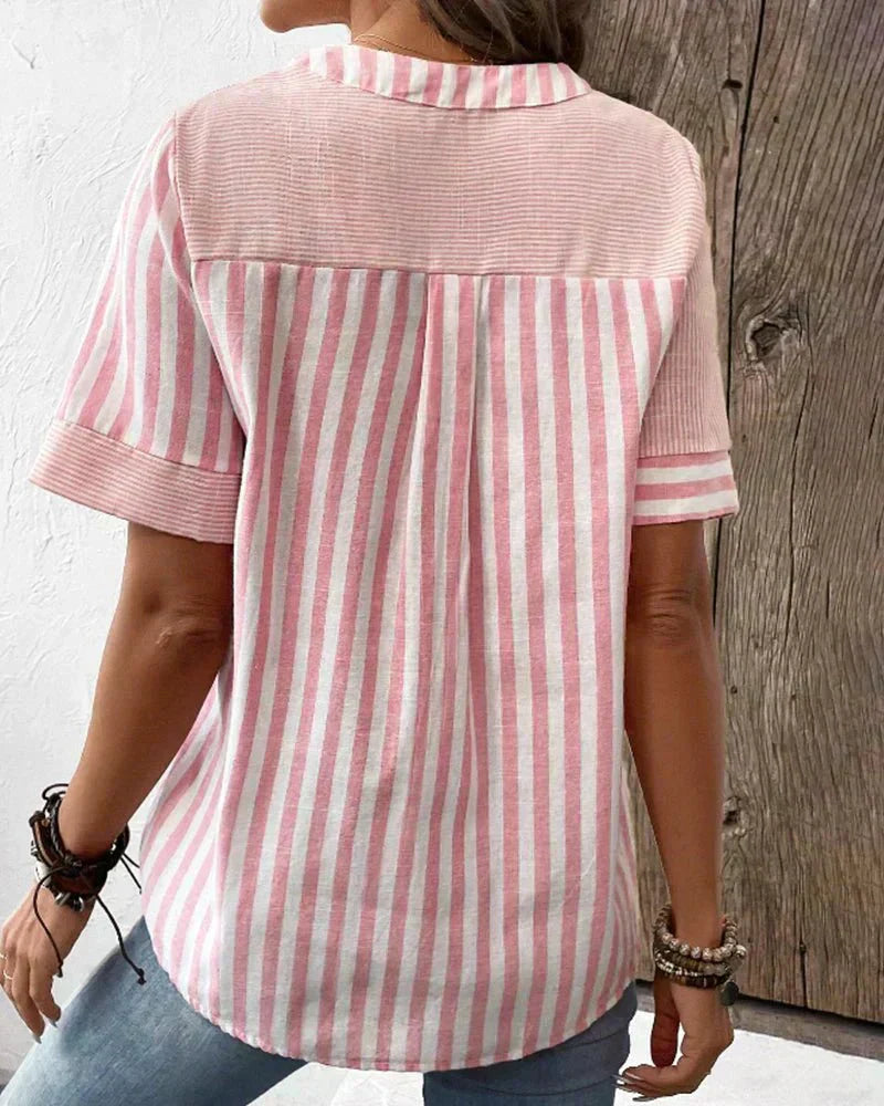 Polly | Striped Top with V Neckline and Button Detail