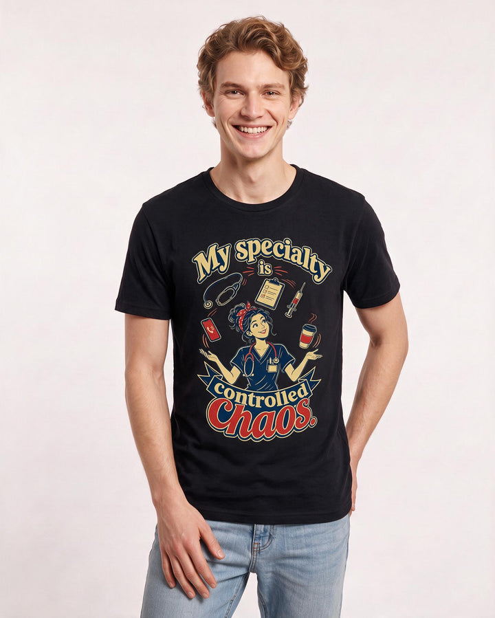Nurse Men's Black T-Shirt – My specialty is controlled chaos. product image 3